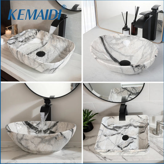 MEKKHALA Marble Pattern Ceramic Bathroom Vessel Sink Set Shape Basin