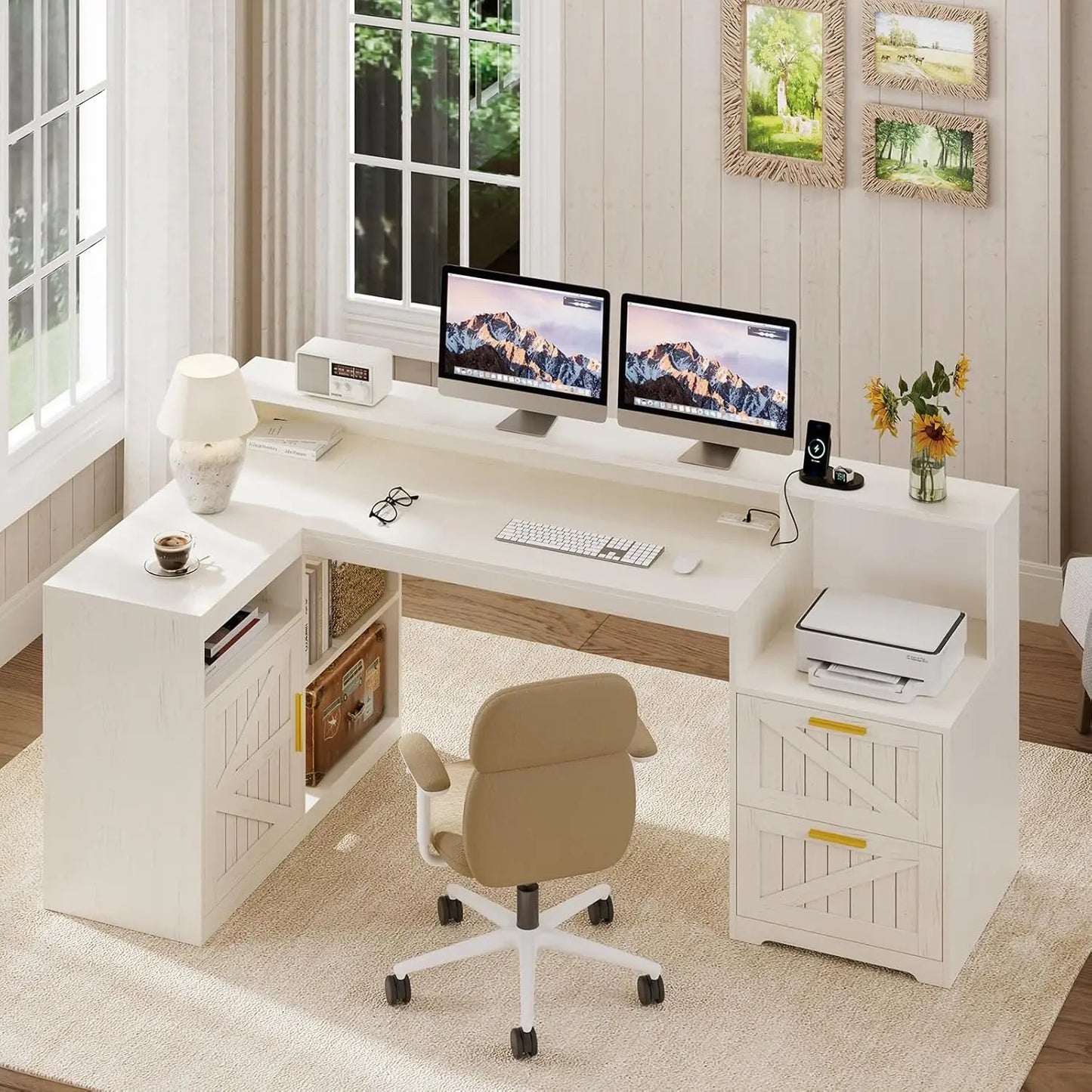 Farmhouse L Shaped Desk With Storage Shelves And Power Outlet