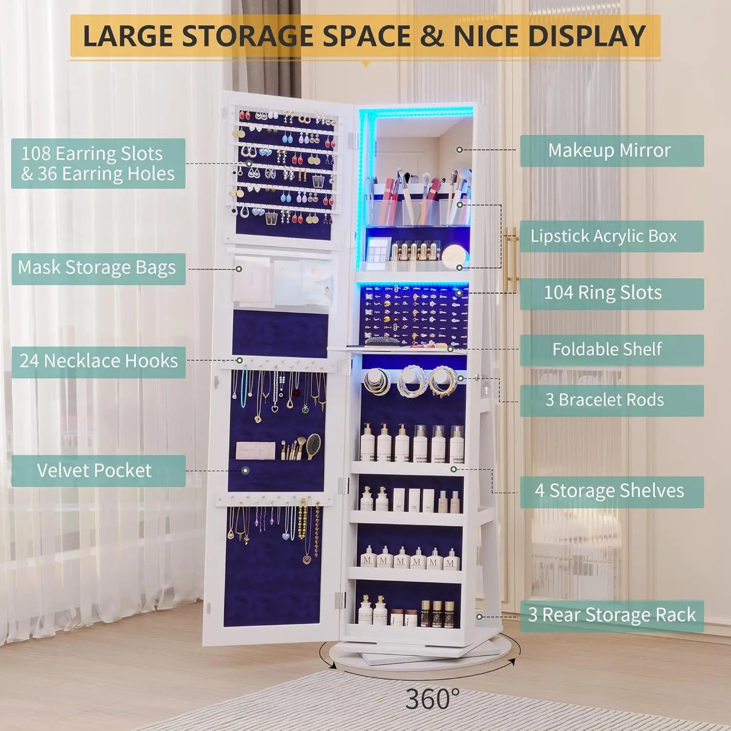 LED Jewelry Armoire With Lockable Mirror 360 Degree Rotation