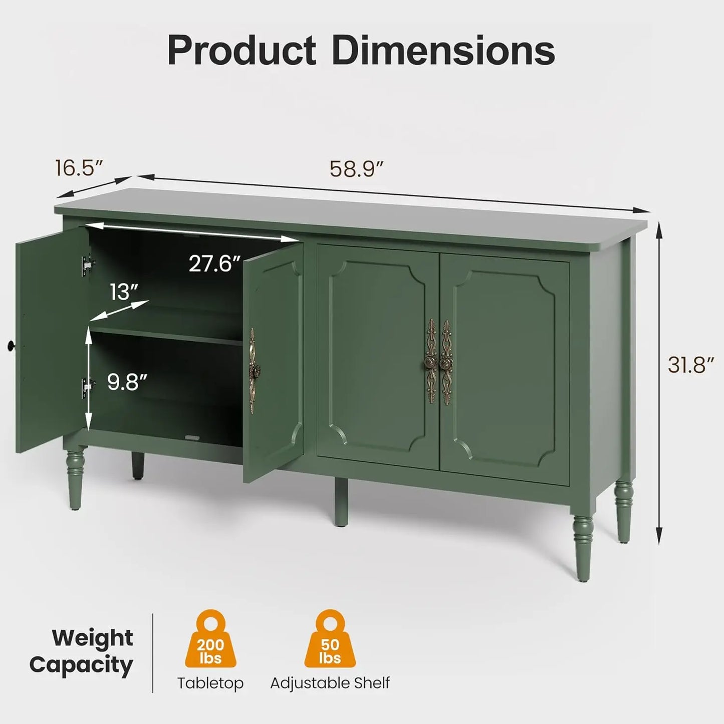Modern Sideboard Buffet Cabinet With Adjustable Shelves And Carved Handle