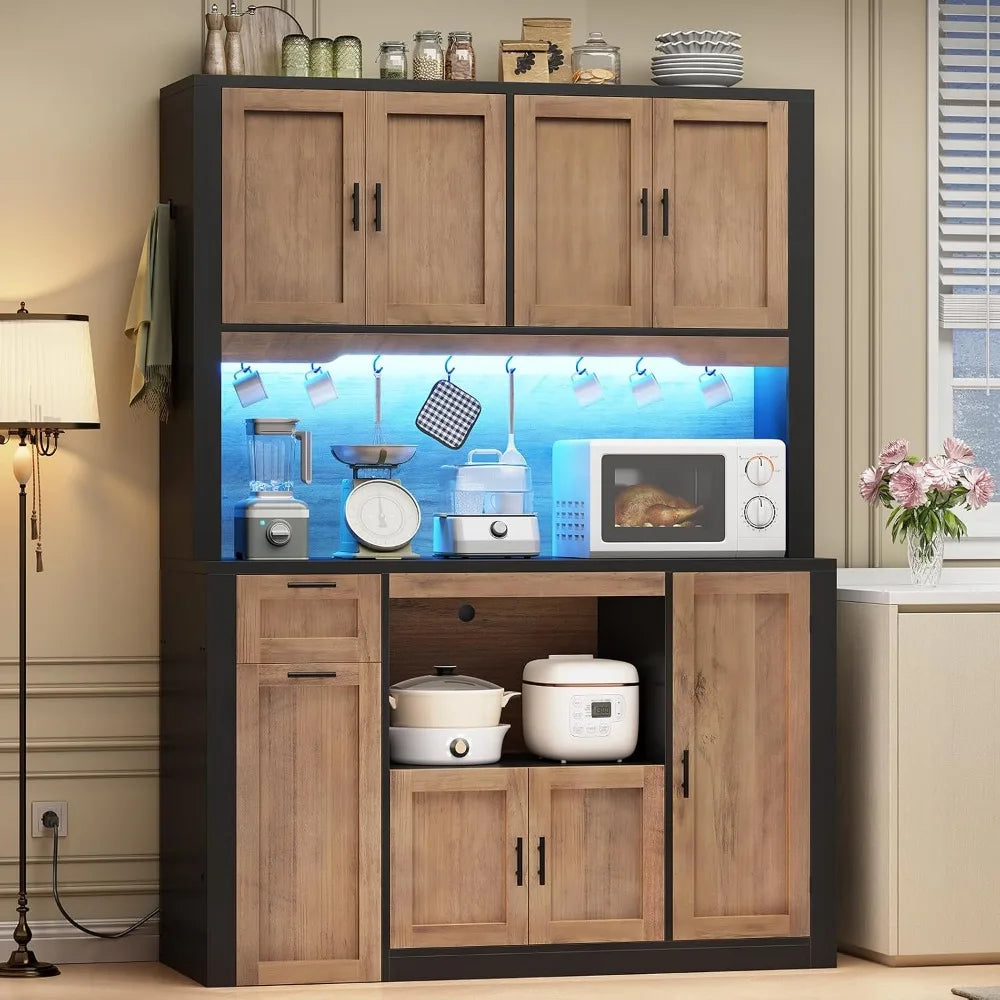 Pantry Cabinet With Charging Station And LED Light Microwave Stand