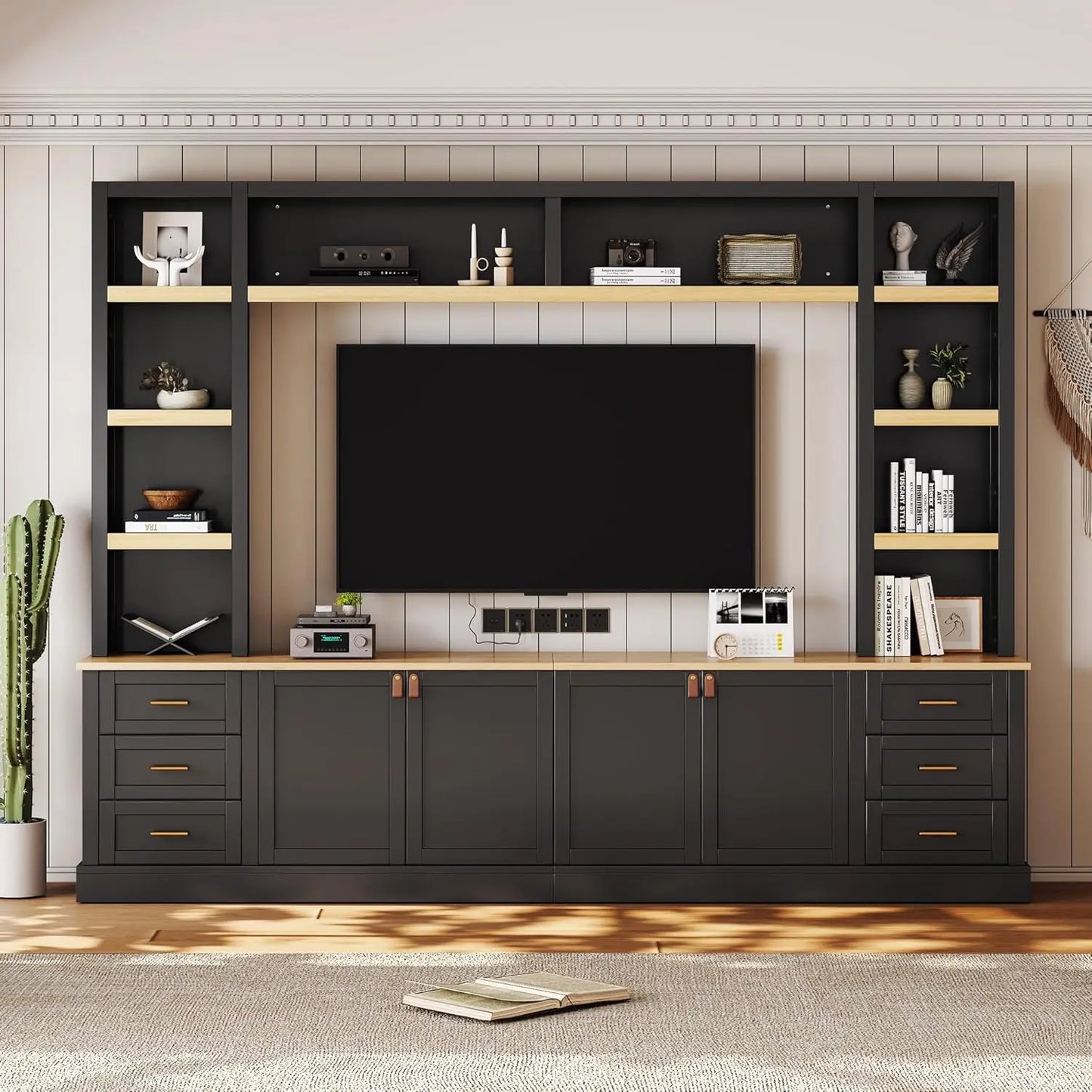 Farmhouse Entertainment Center Wall Unit With Bookshelves And Drawers