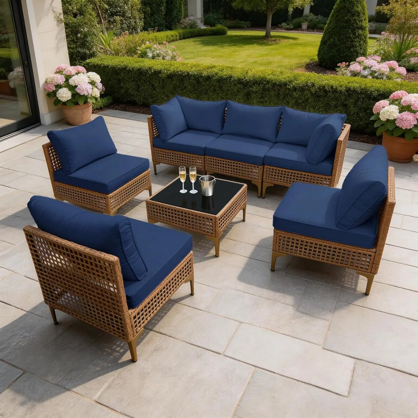 Patio Wicker Sectional Sofa Coffee Table Set With Thick Cushions