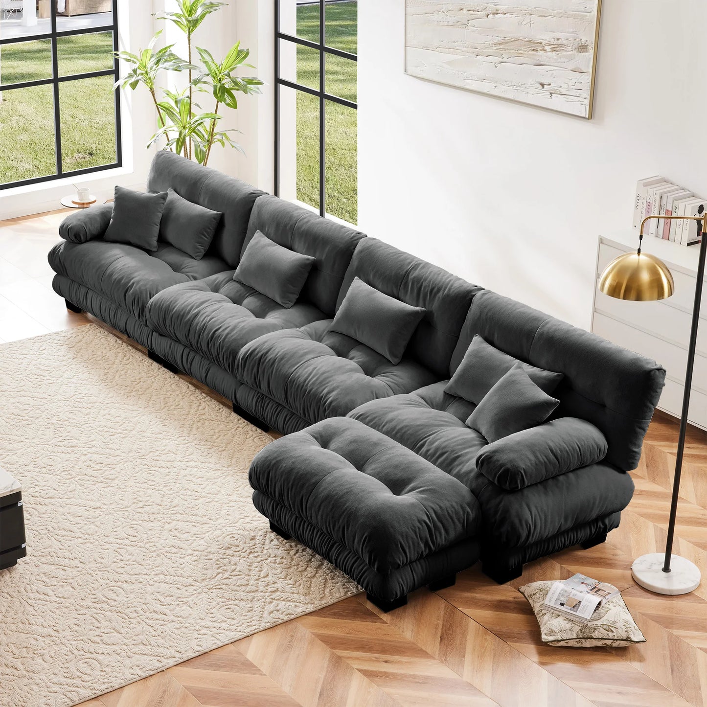 Chenille Modular Sectional Sofa Couch With Ottomans