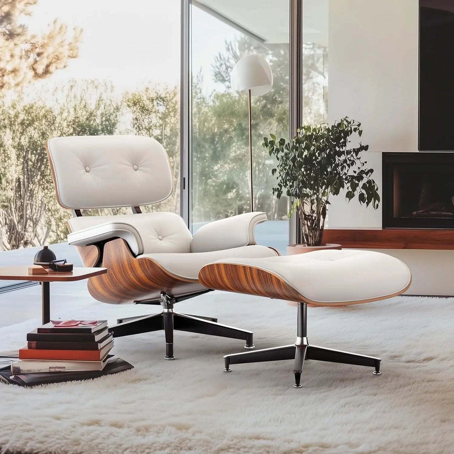 PU Leather Chaise Lounge Chair With Ottoman Walnut Wood
