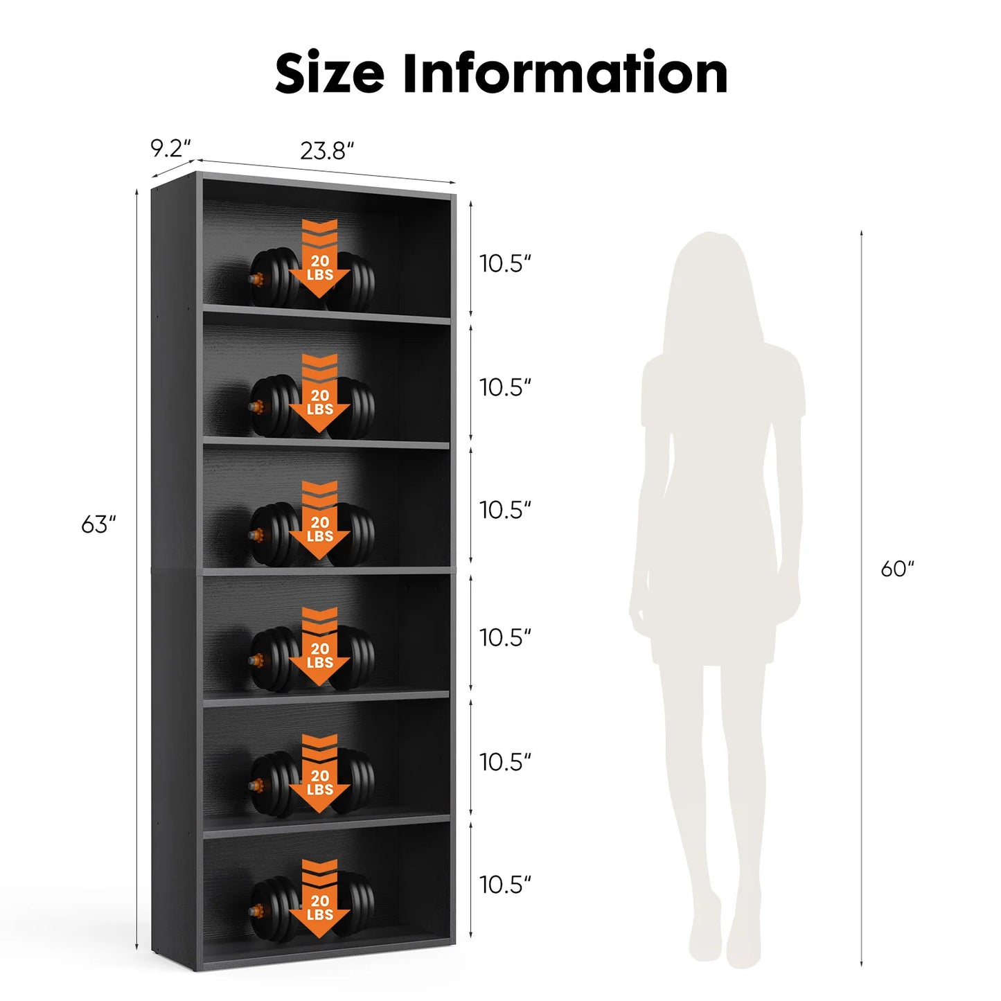 JHK 6 Tier Wooden Shelf Bookcase Floor Standing Storage Unit