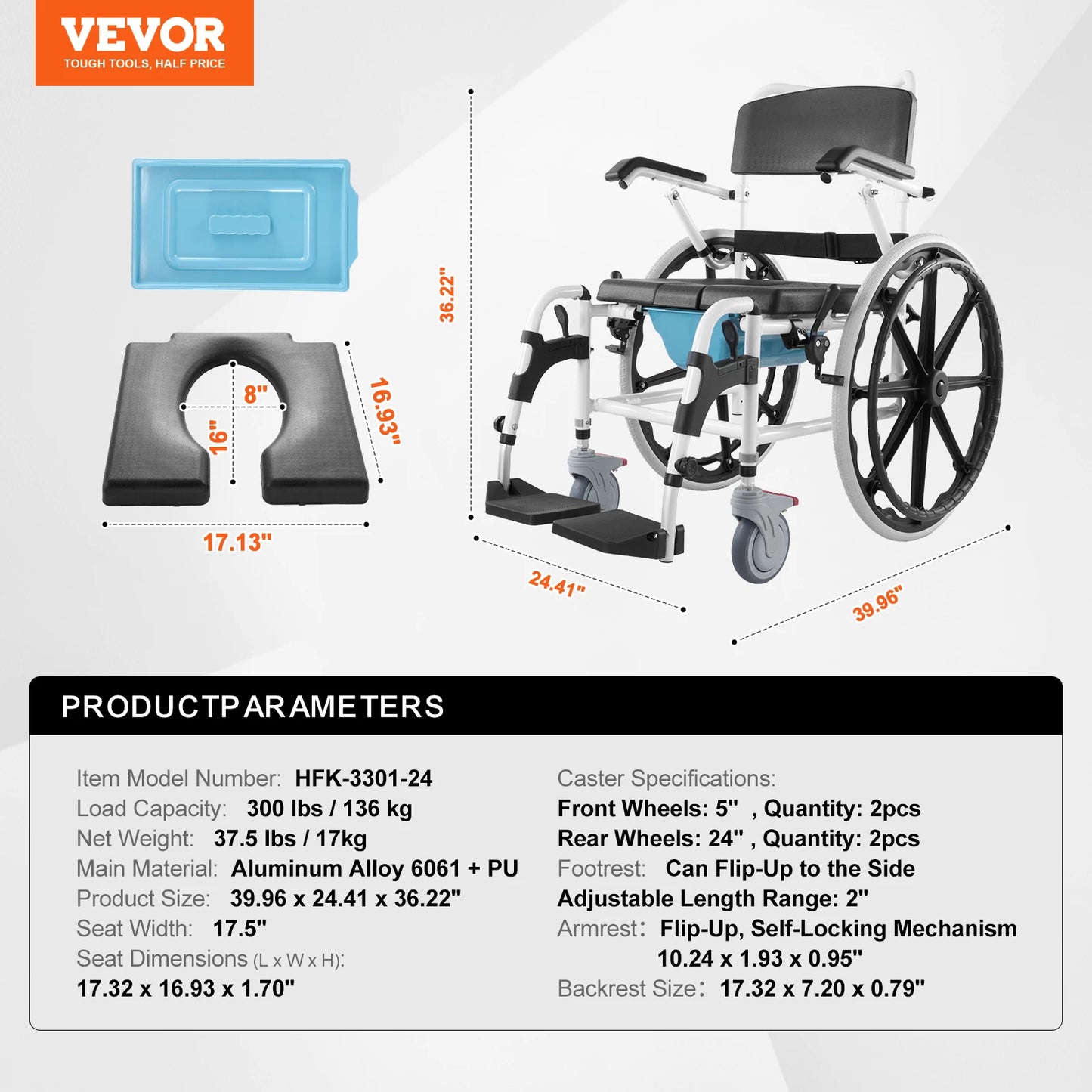 Shower Wheelchair Adjustable Rolling Chair For Disabled Adults