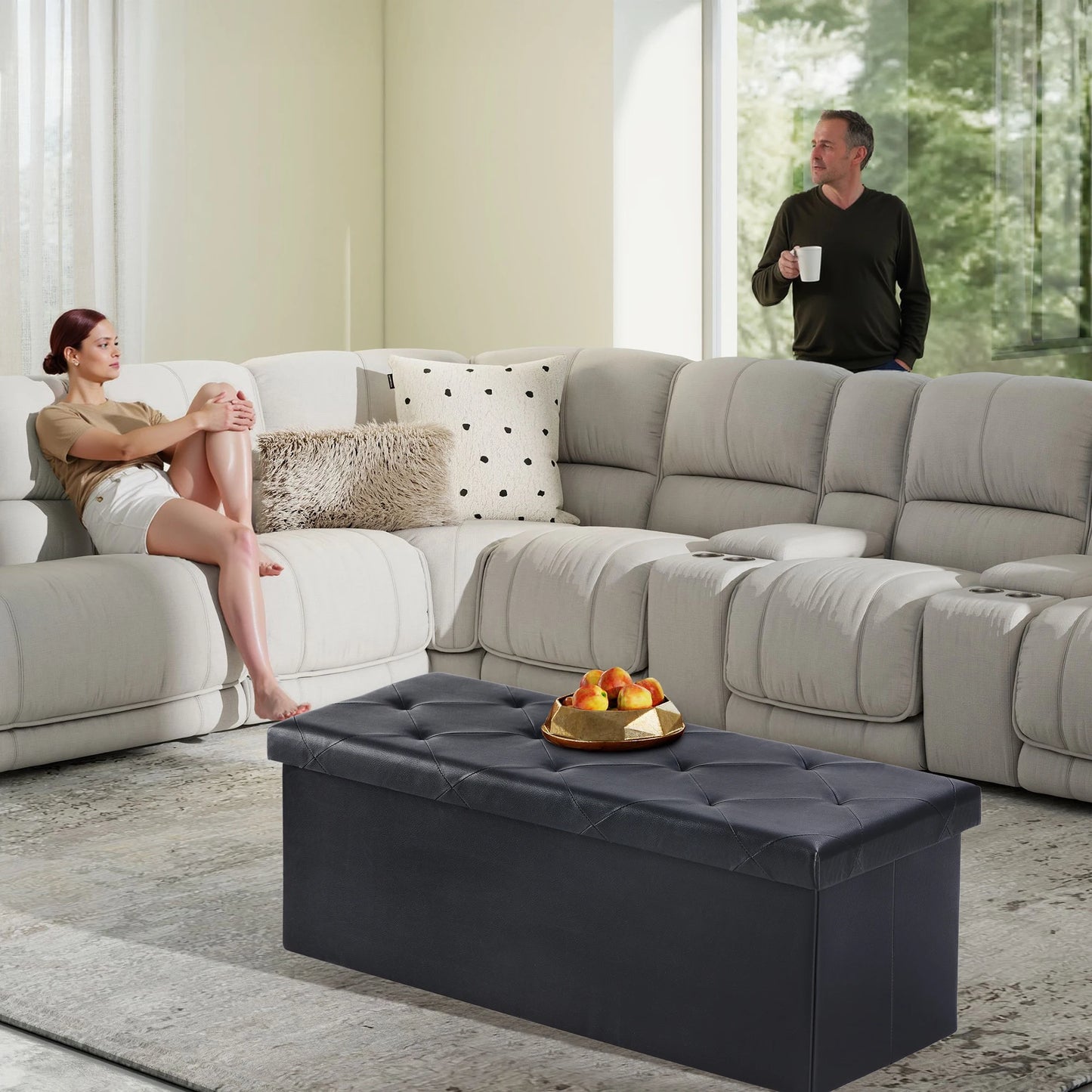 JHK Leather Premium Storage Ottoman Bench for Living Room