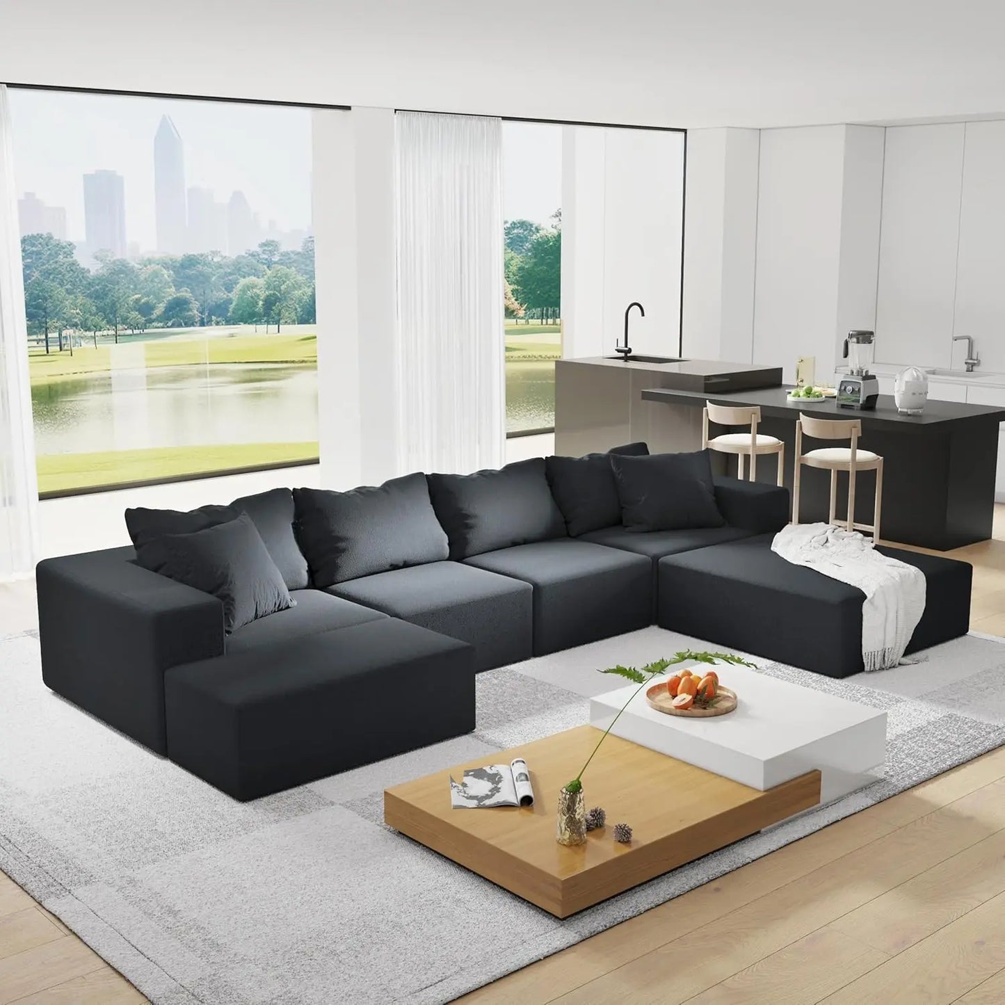 Modern Upholstered Sectional Sofa With Six Pillows Free Setup