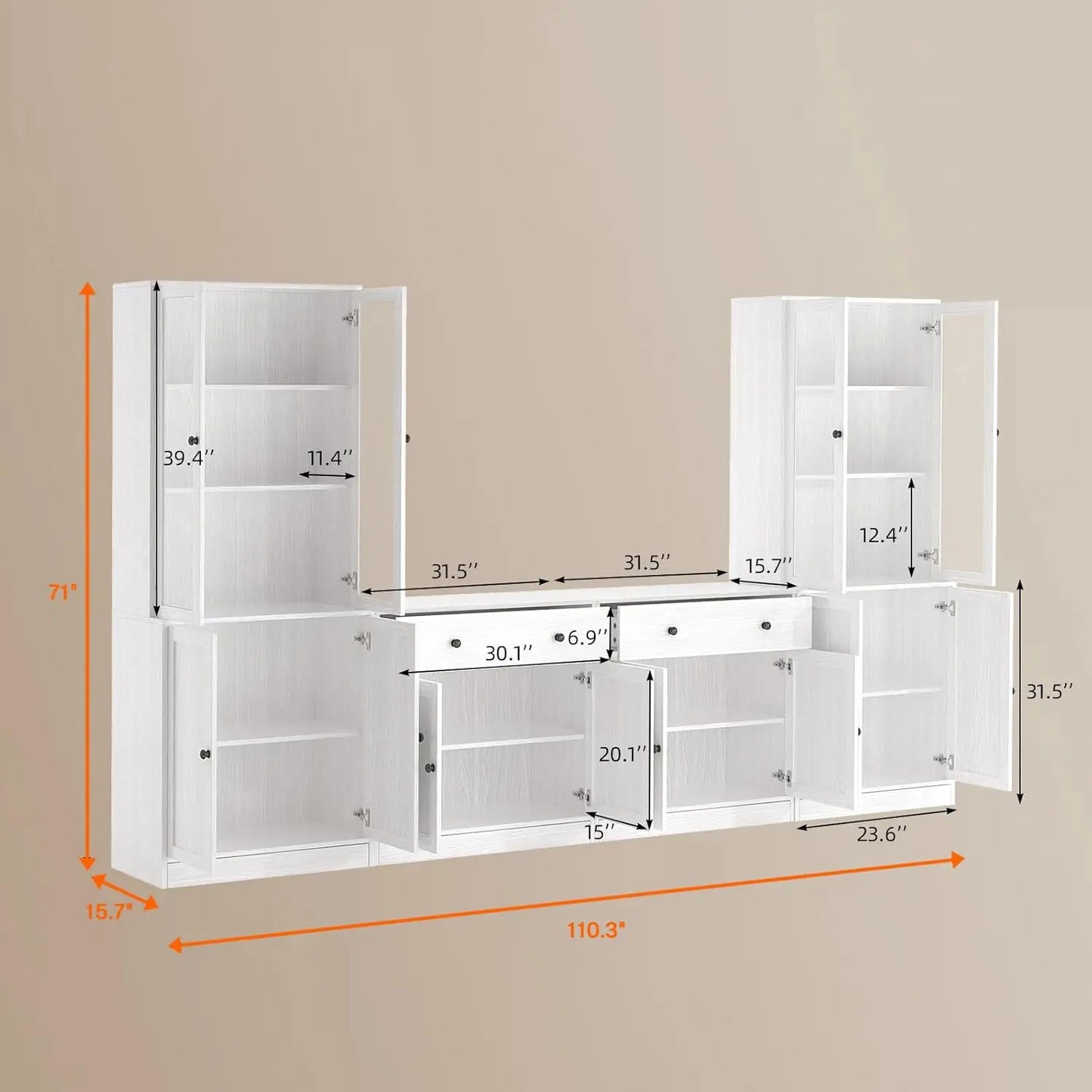 Wood TV Stand Media Console With Glass Doors And Drawers