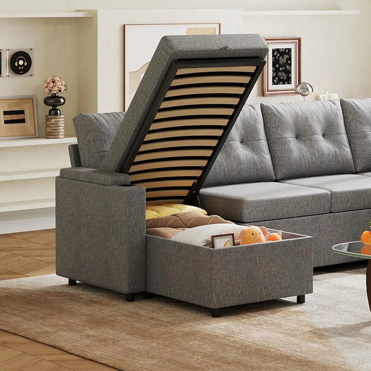 Sectional Sofa With Sleeper And Storage Chaise Linen Cotton Blend