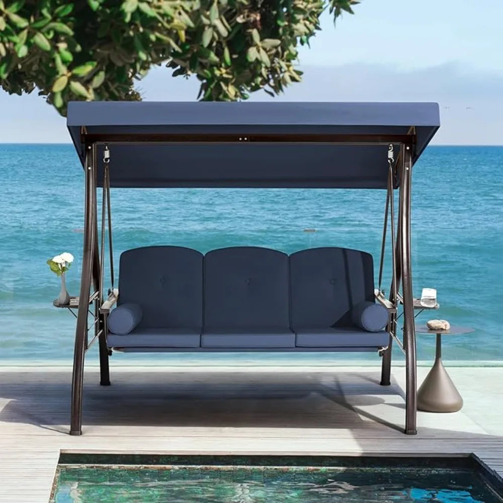 Three Person Porch Swing With Adjustable Canopy Cushioned Steel Frame