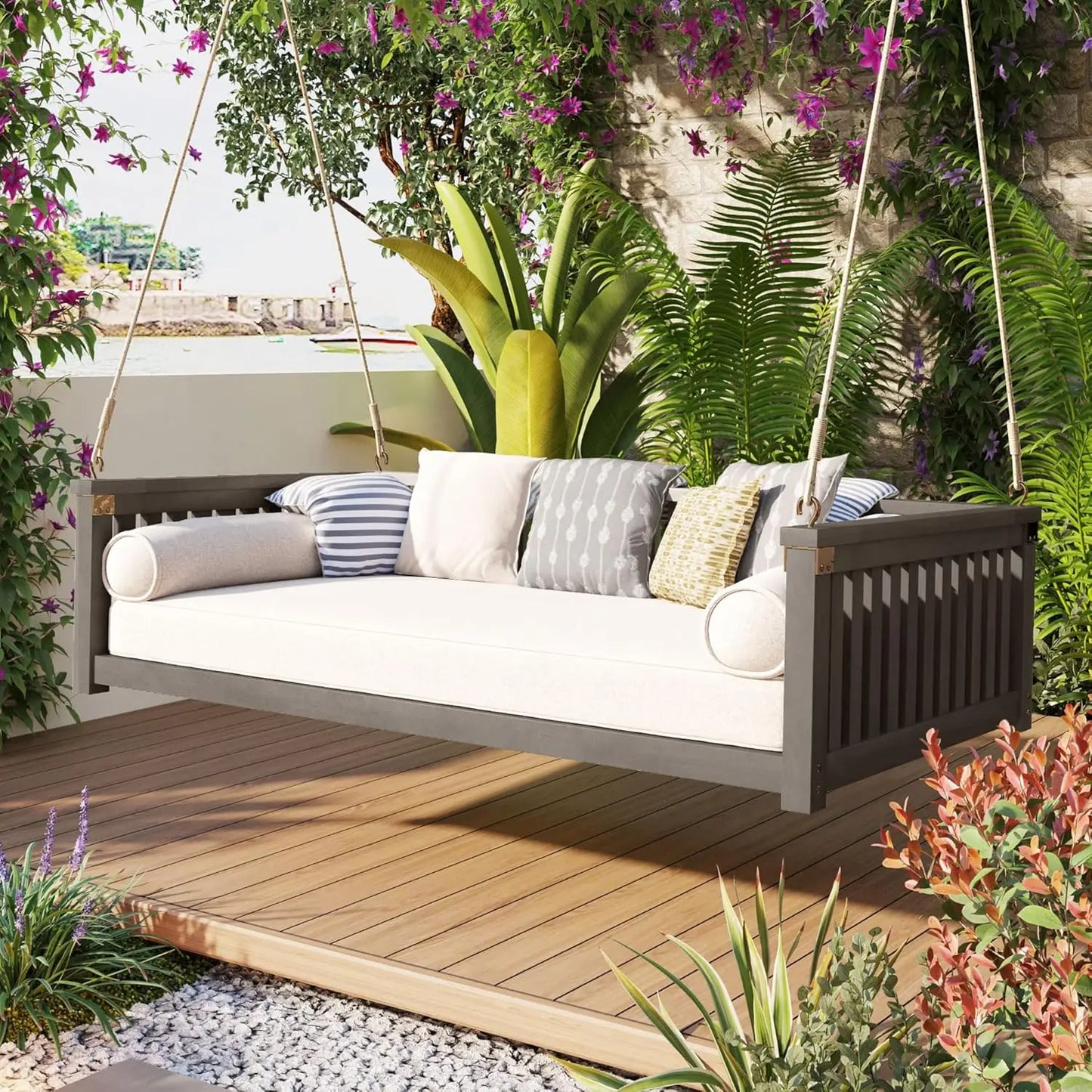Porch Daybed Swing Outdoor Wooden Swing Bench For Patio Garden