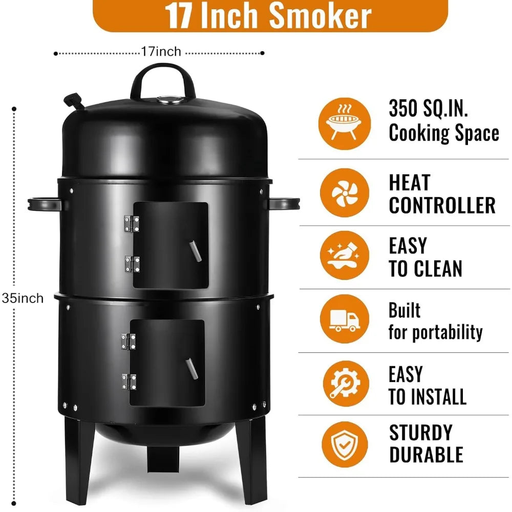 XIUWO Vertical Charcoal Smoker Grill Multi Layer Portable With Thermometers