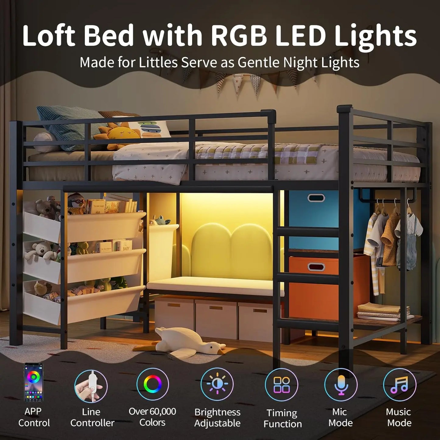Twin Loft Bed With Reading Corner And LED Lights Guardrail