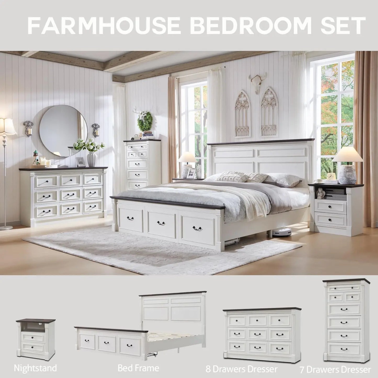 Farmhouse Wood Platform Bed Frame With Storage Drawers Customized