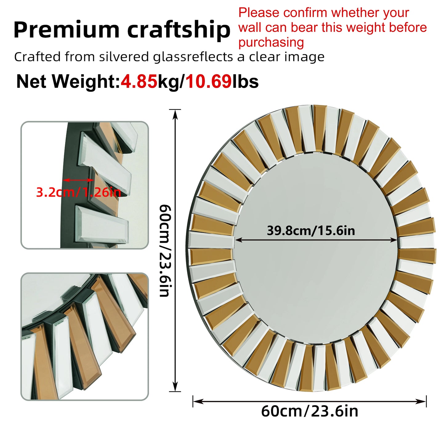Round Starburst Wall Mirror For Bathroom And Living Room Decor