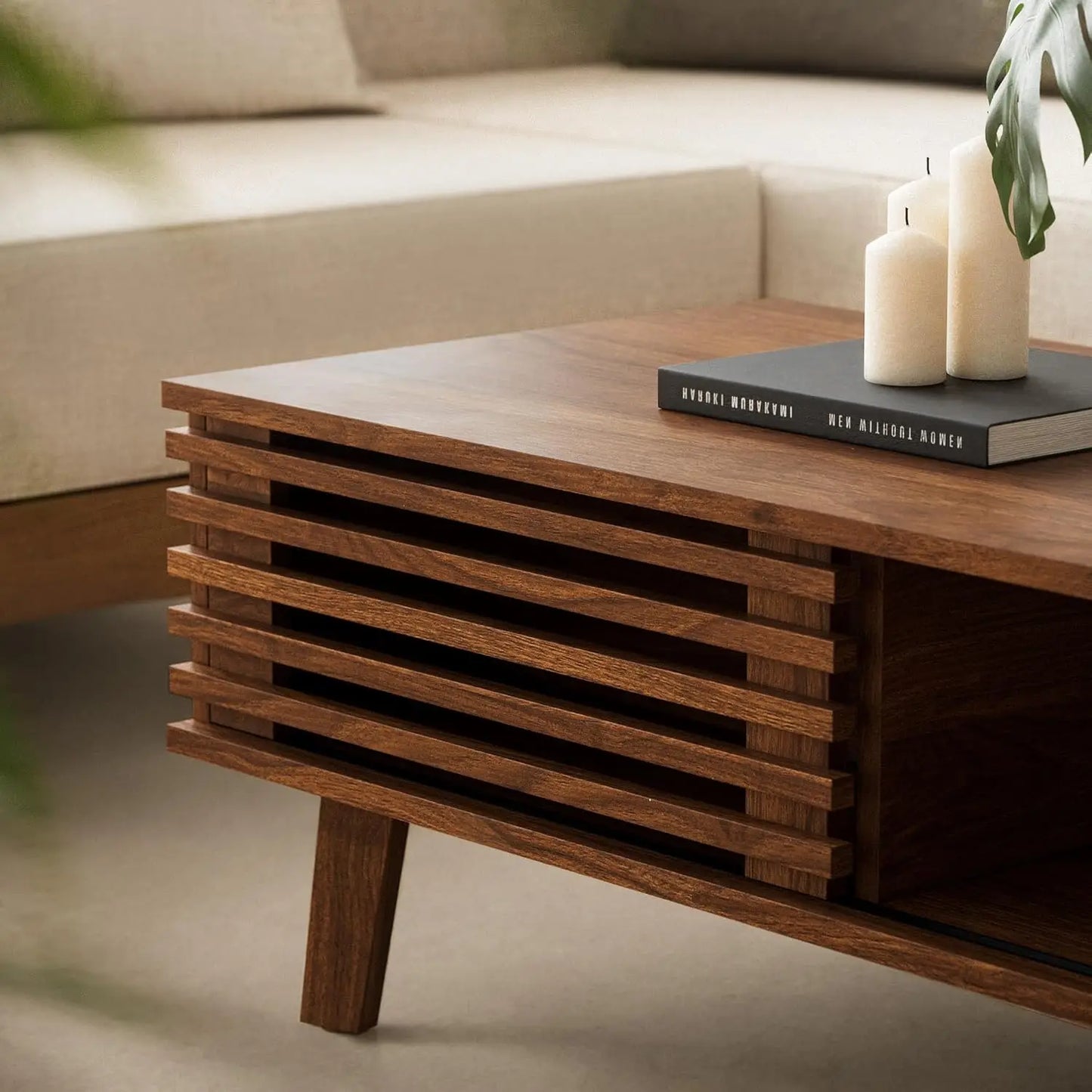 MOYU Mid Century Coffee Table With Storage And Sliding Door