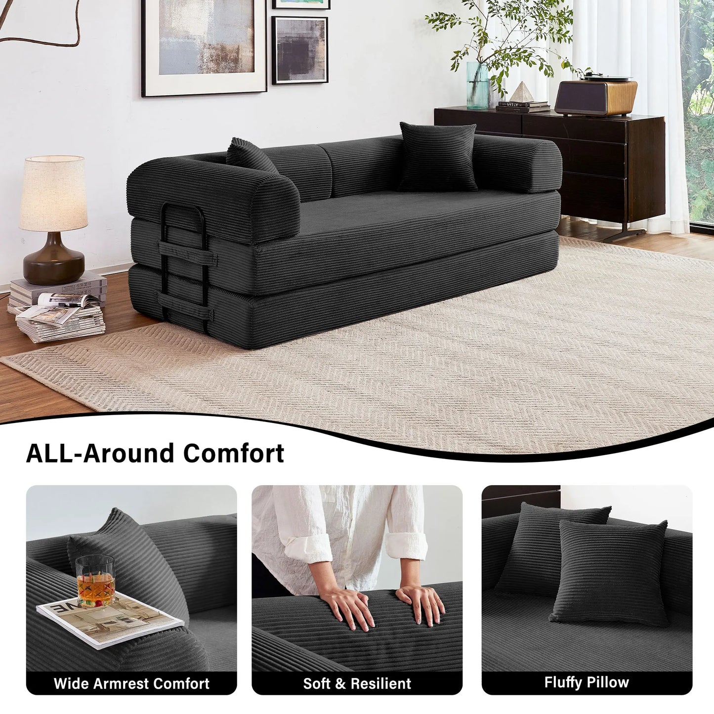 Convertible Sofa Bed With L-Shaped Armrests For Living Room