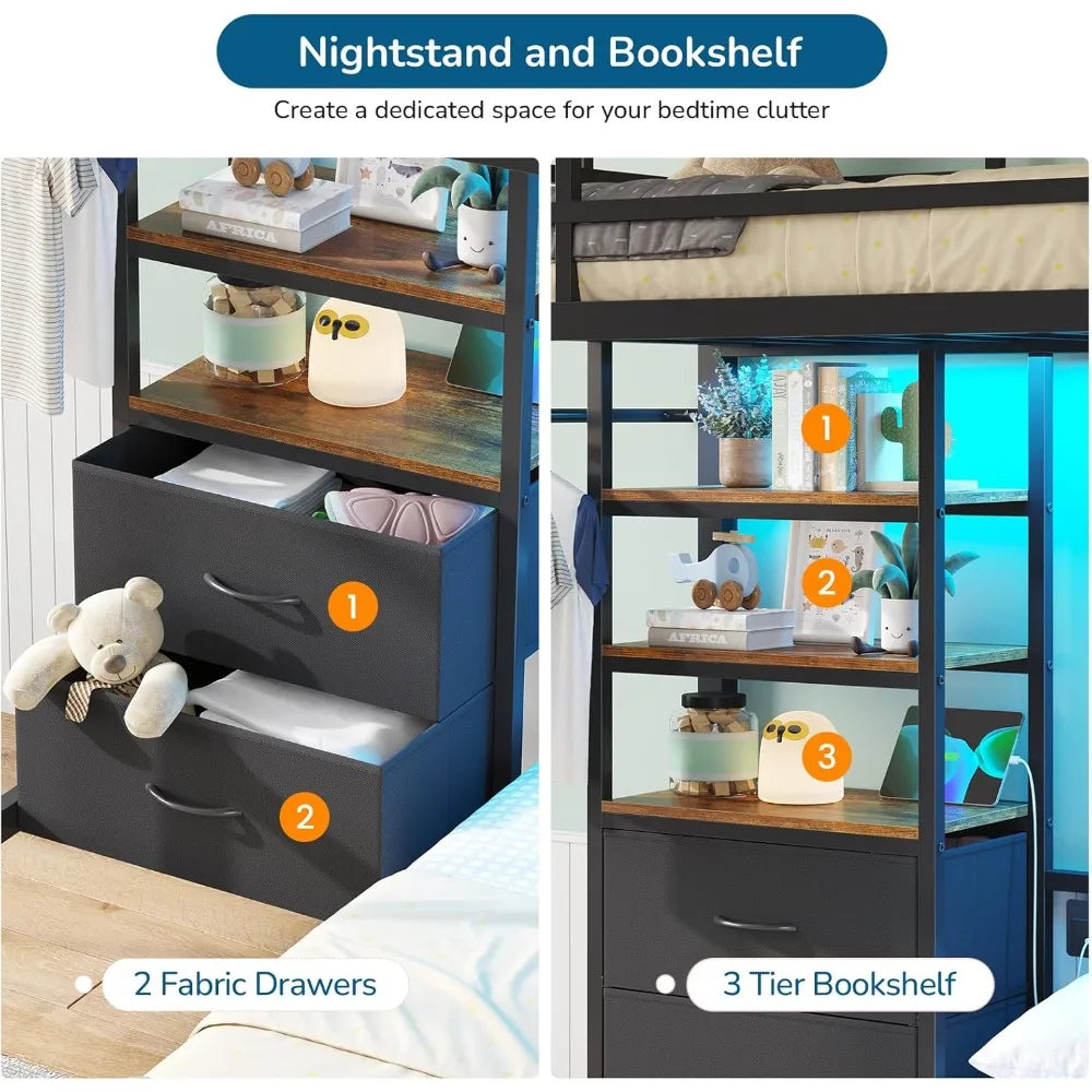 Metal Bunk Bed With Storage Drawers Bookshelf LED Lights Charging Dock