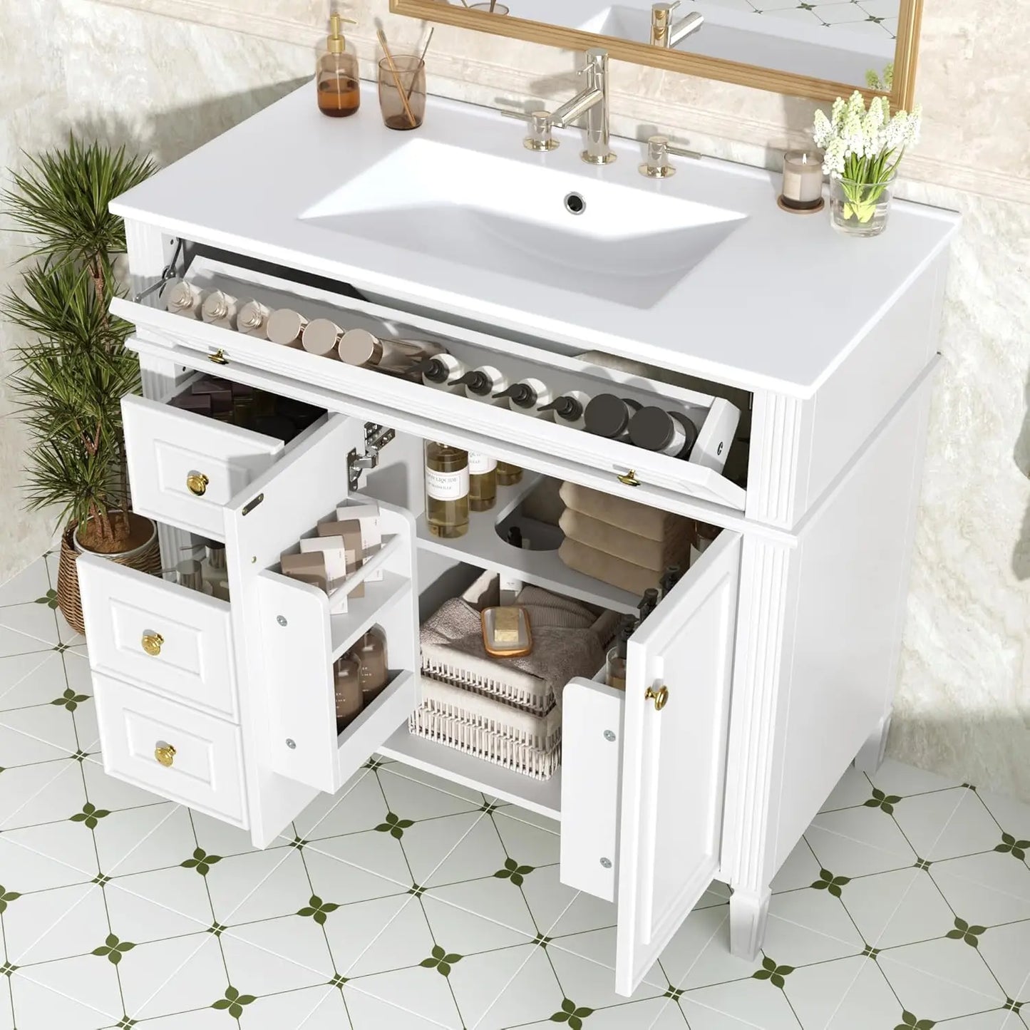 Wooden Bathroom Vanity With Ceramic Basin And Ample Storage Cabinets