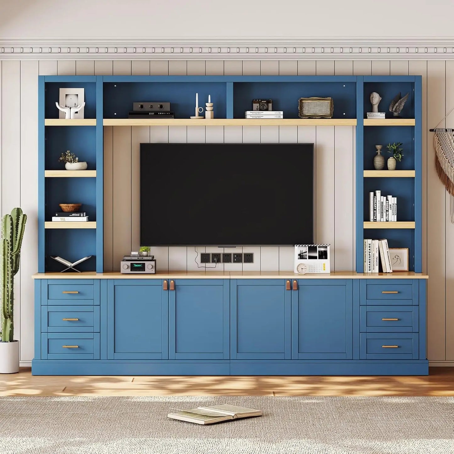 Farmhouse Entertainment Center Wall Unit With Bookshelves And Drawers