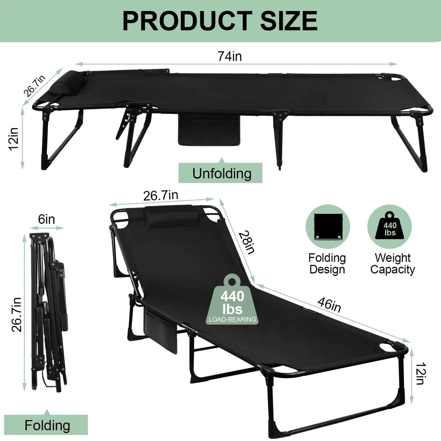 Portable Folding Camping Cot 3 Position Reclining Lounge Chair With Pillow