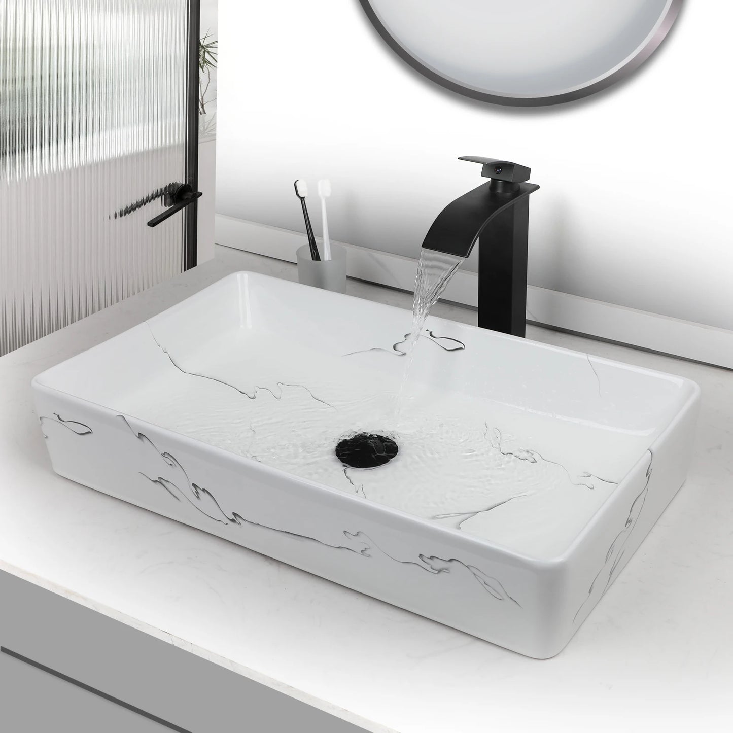 KEMAIDI Rectangular Ceramic Bathroom Vessel Sink With Faucet Set