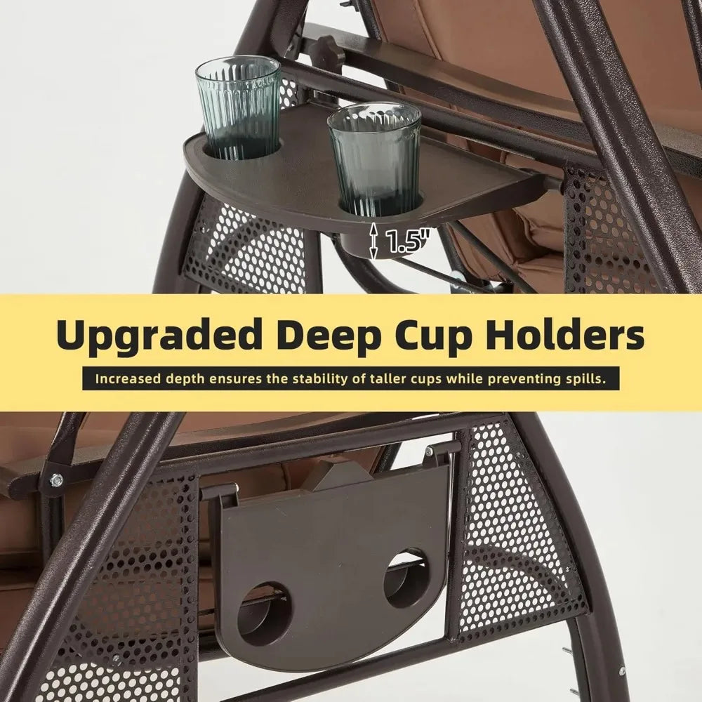 Three Person Porch Swing With Adjustable Canopy Cushioned Steel Frame