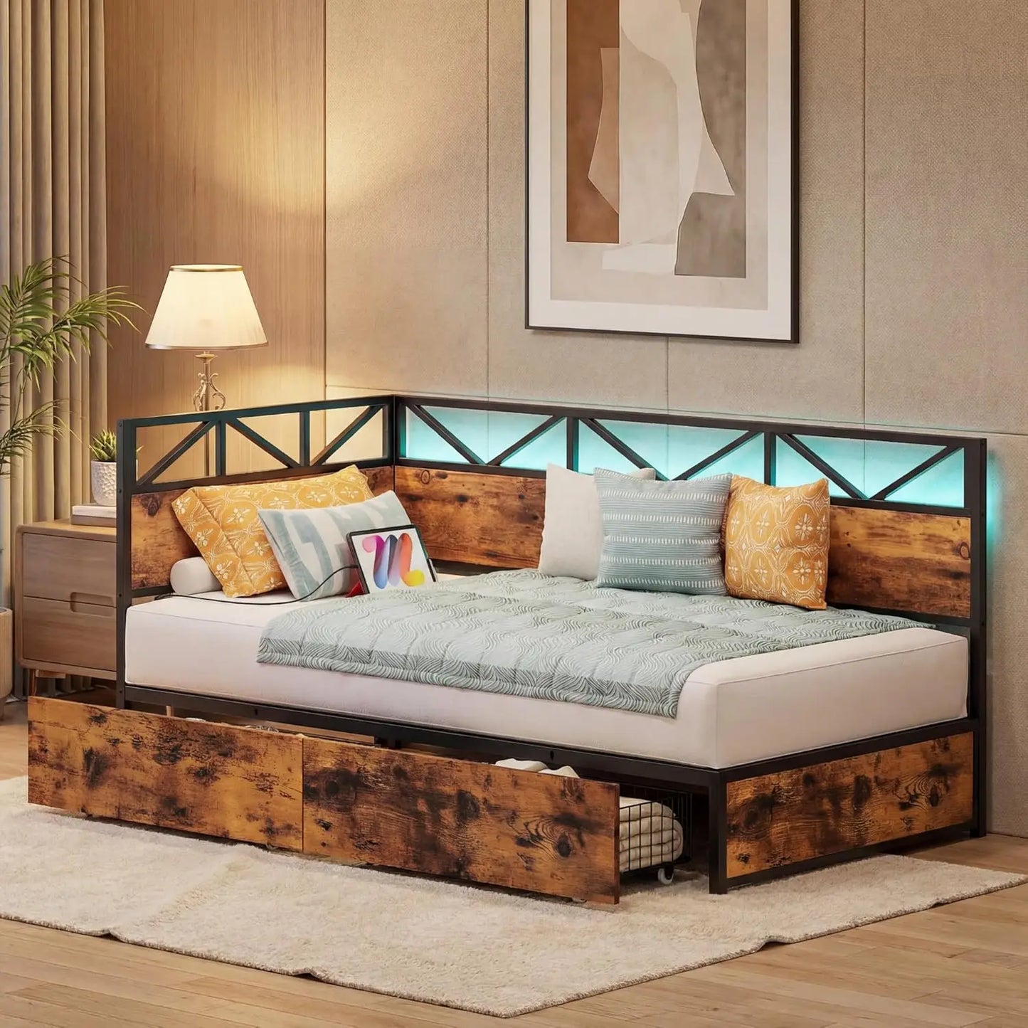 Folded Twin Daybed With Storage Drawers And Charging Station