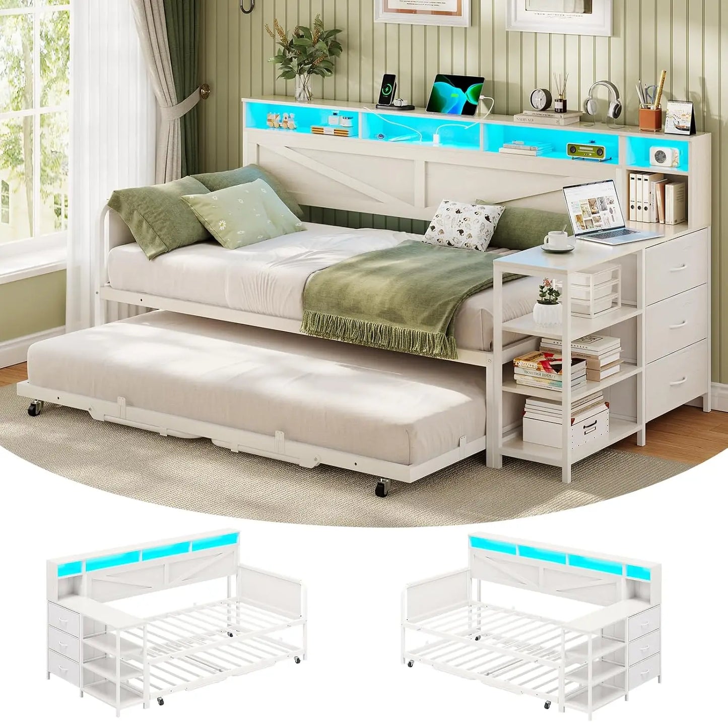 Daybed Twin With Pop Up Trundle Farmhouse Wooden Frame