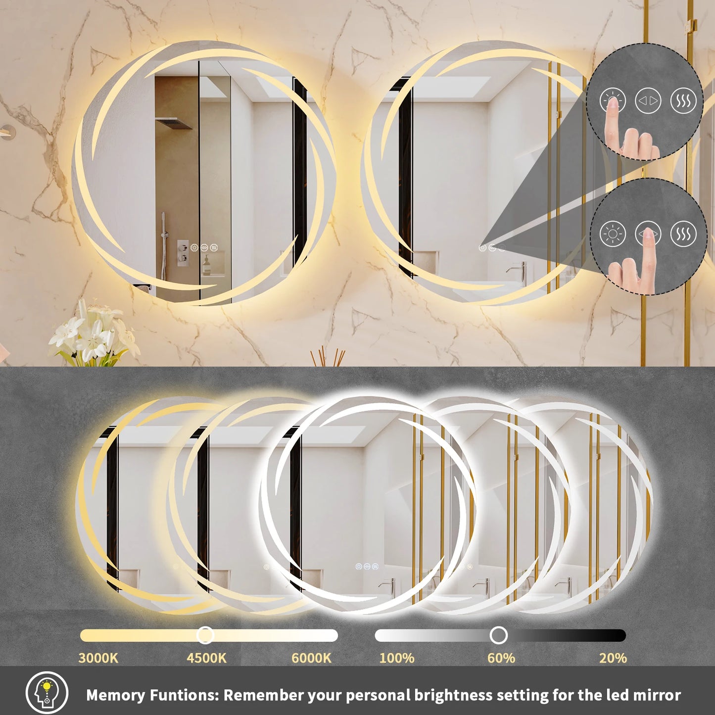 LED Backlit Bathroom Mirror With Anti-Fog, Dimmable Three Lighting Modes