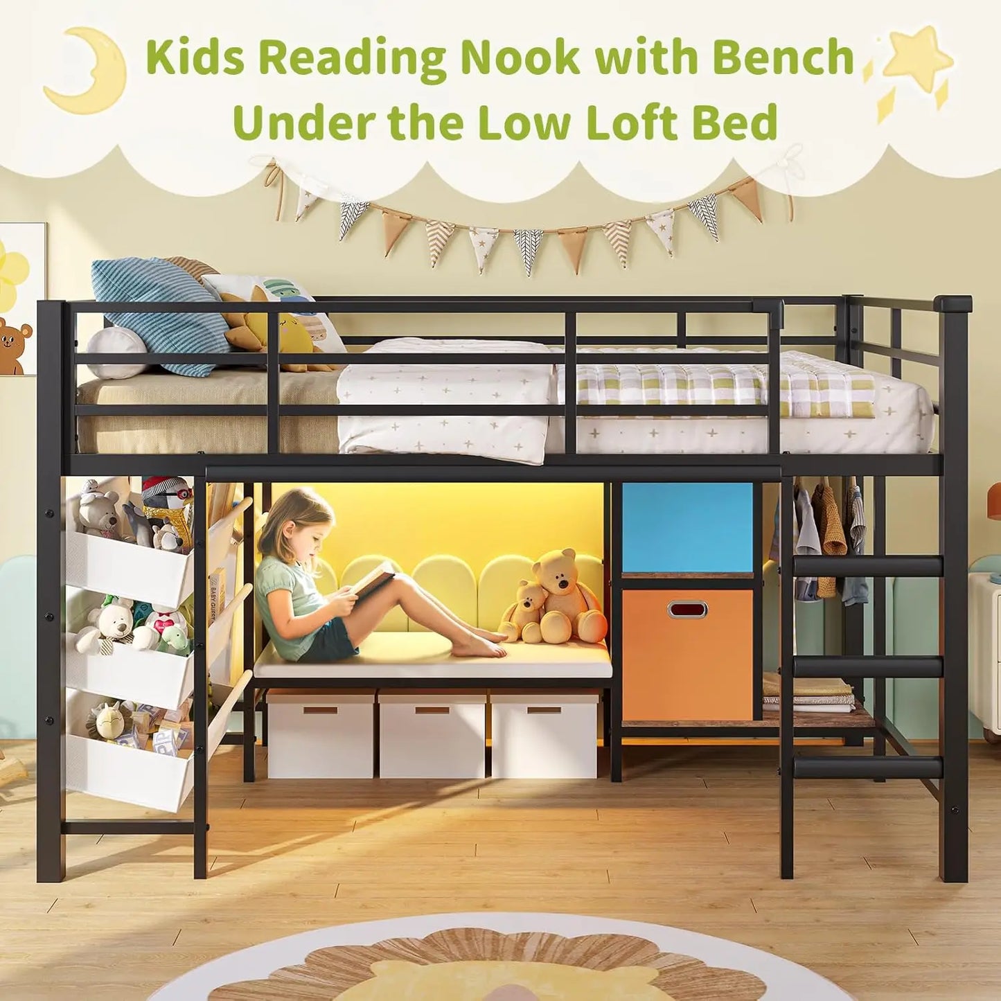 Twin Loft Bed With Reading Corner And LED Lights Guardrail