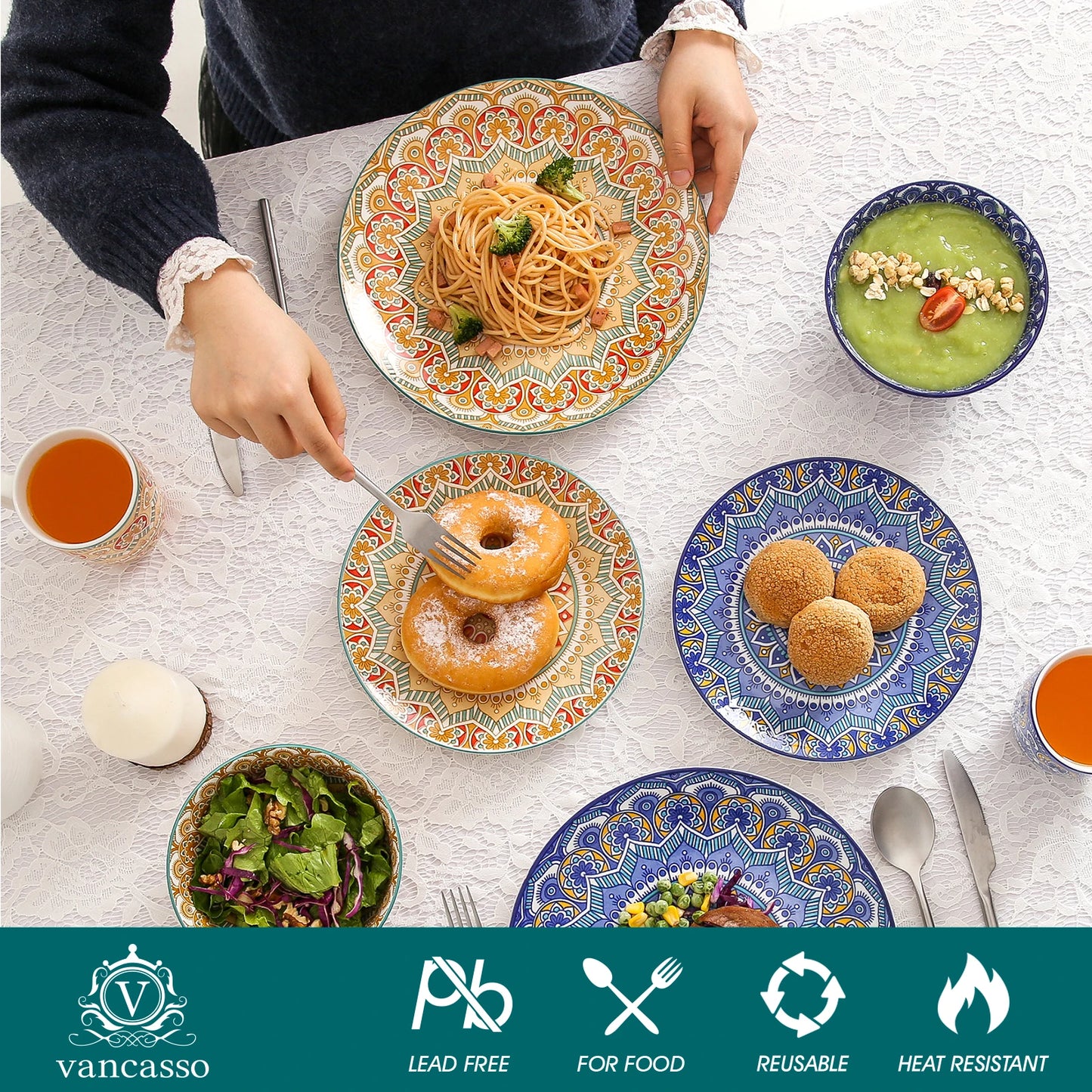 MALACASA Bohemian Mandala Ceramic Dinnerware Set With Plates Bowls Mugs