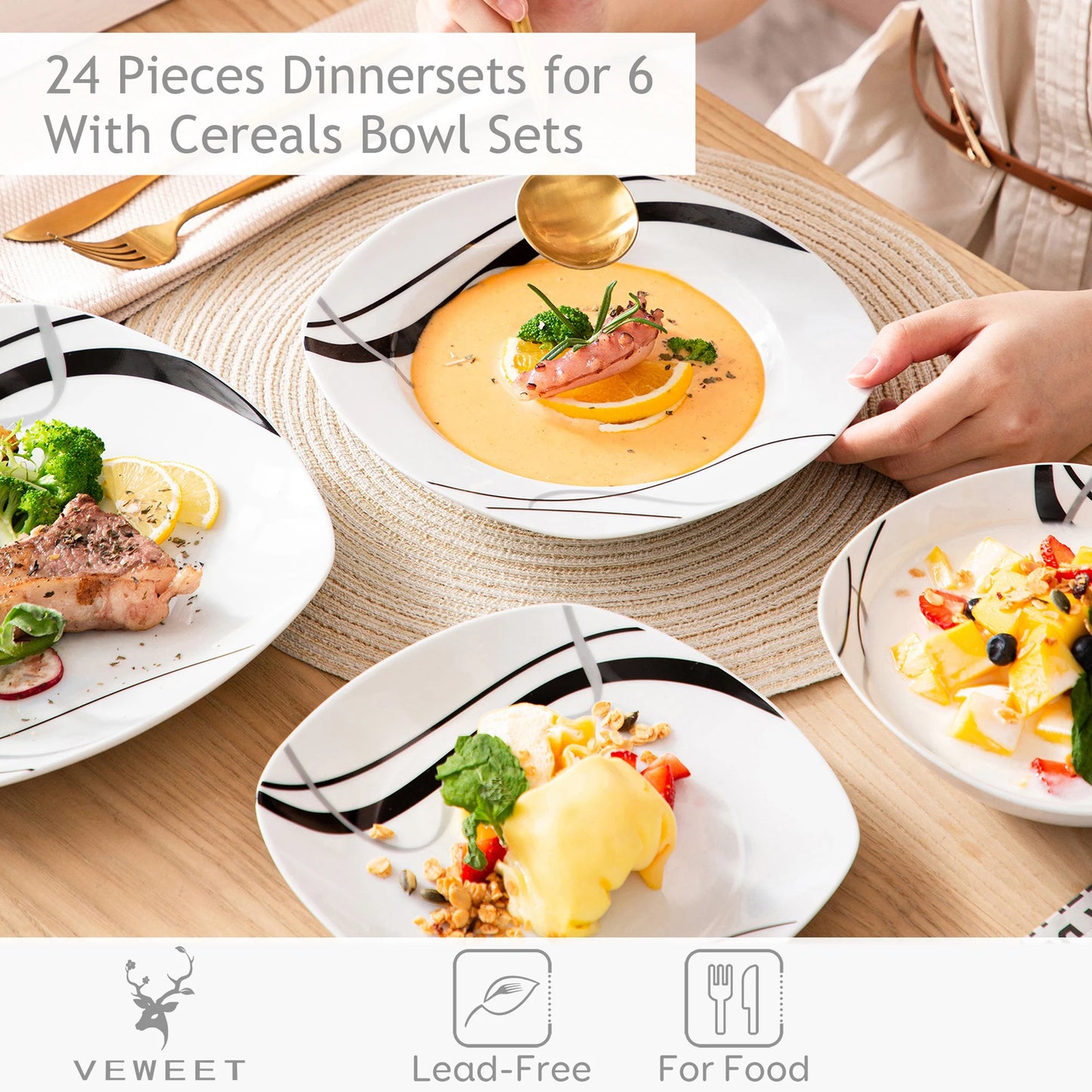 MALACASA Fiona Porcelain Dinnerware Set With Dinner Dessert Soup Plates