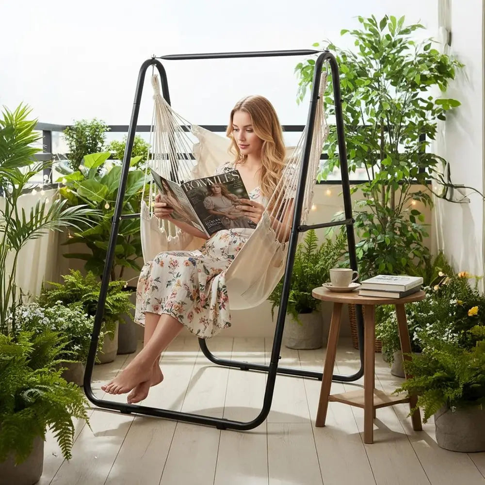 Heavy Duty Hammock Chair With Steel Stand And Pillows Indoor