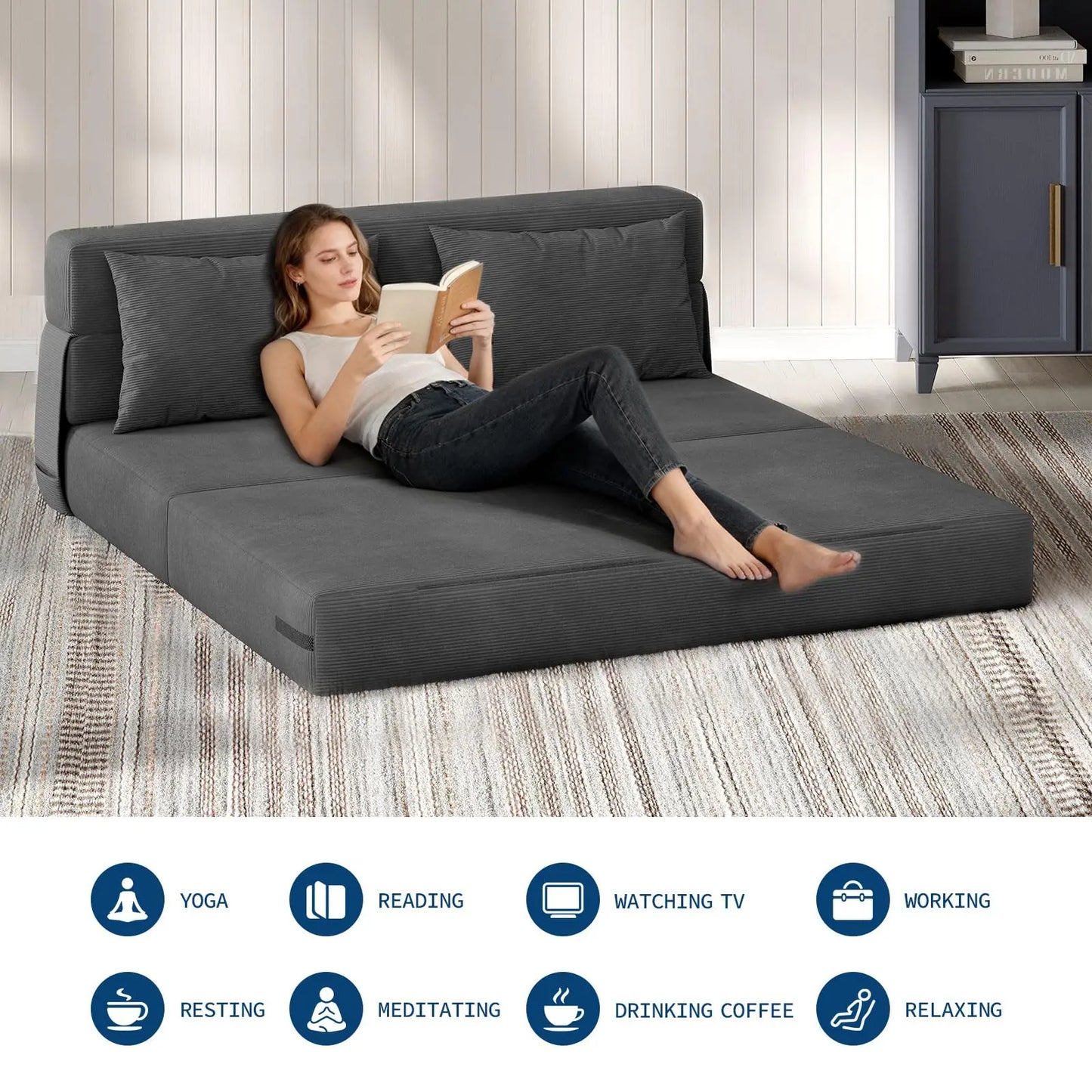 HobbyLane 4-in-1 Folding Sofa Bed Corduroy Couch With Pillow