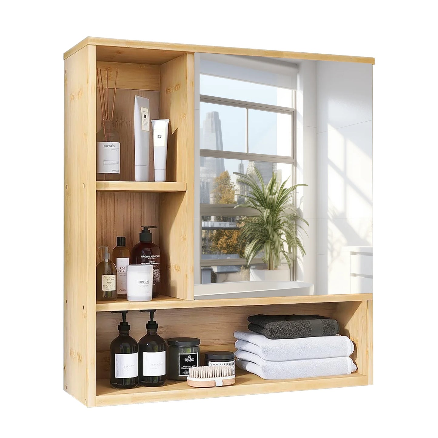 Wisfor Bamboo Bathroom Wall Cabinet With Mirror And Medicine Storage Shelves