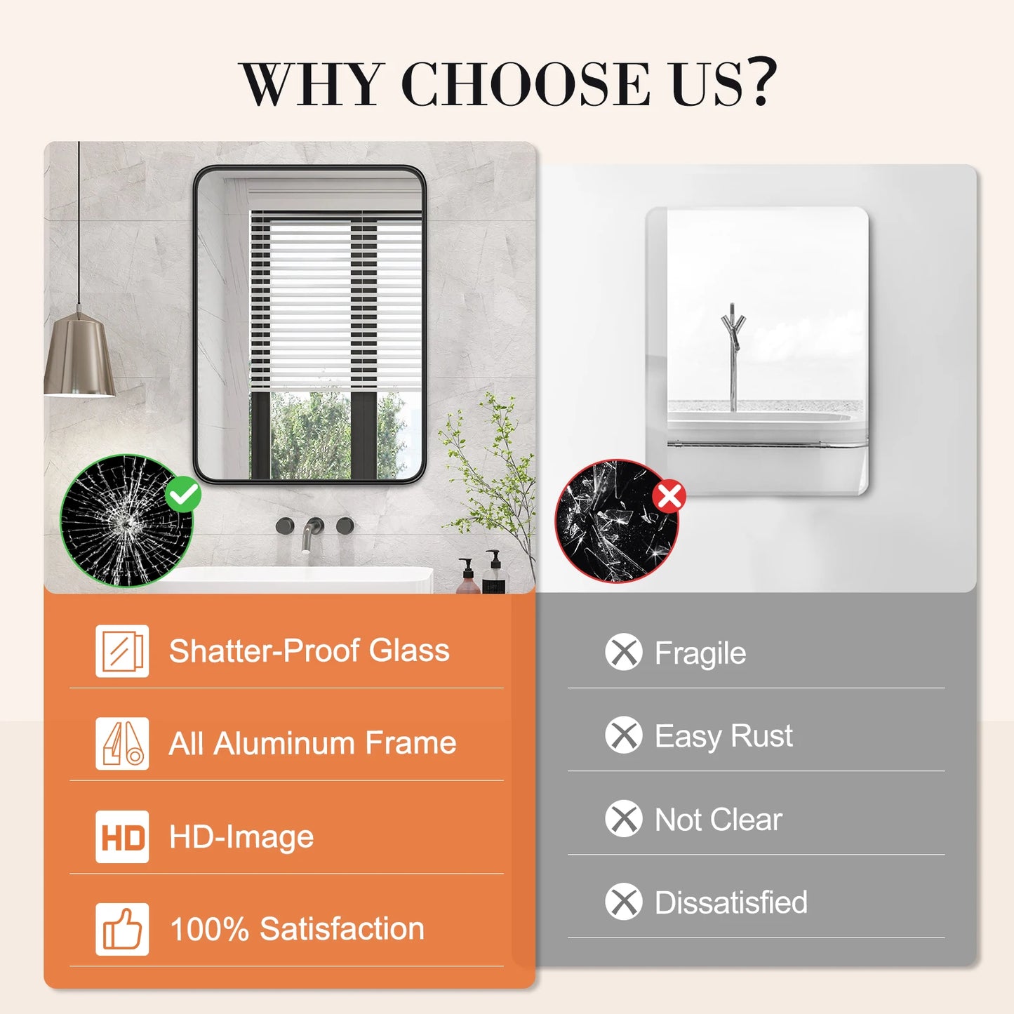 JHK Matte Metal Framed Rectangular Bathroom Mirror Wall Mounted