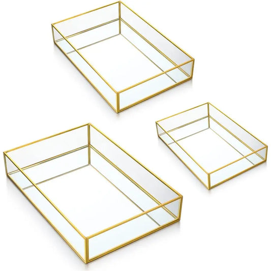 Mirror Glass Vanity Tray Set Gold Ornate Metal Octagonal Dresser