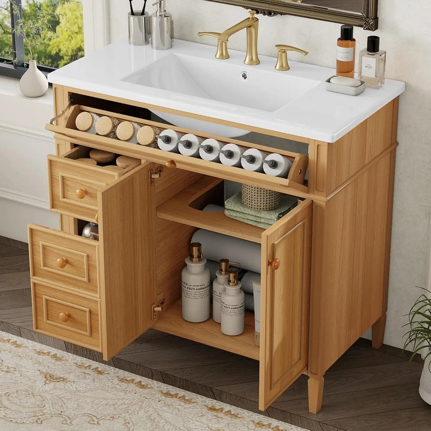 Wooden Bathroom Vanity With Ceramic Basin And Ample Storage Cabinets