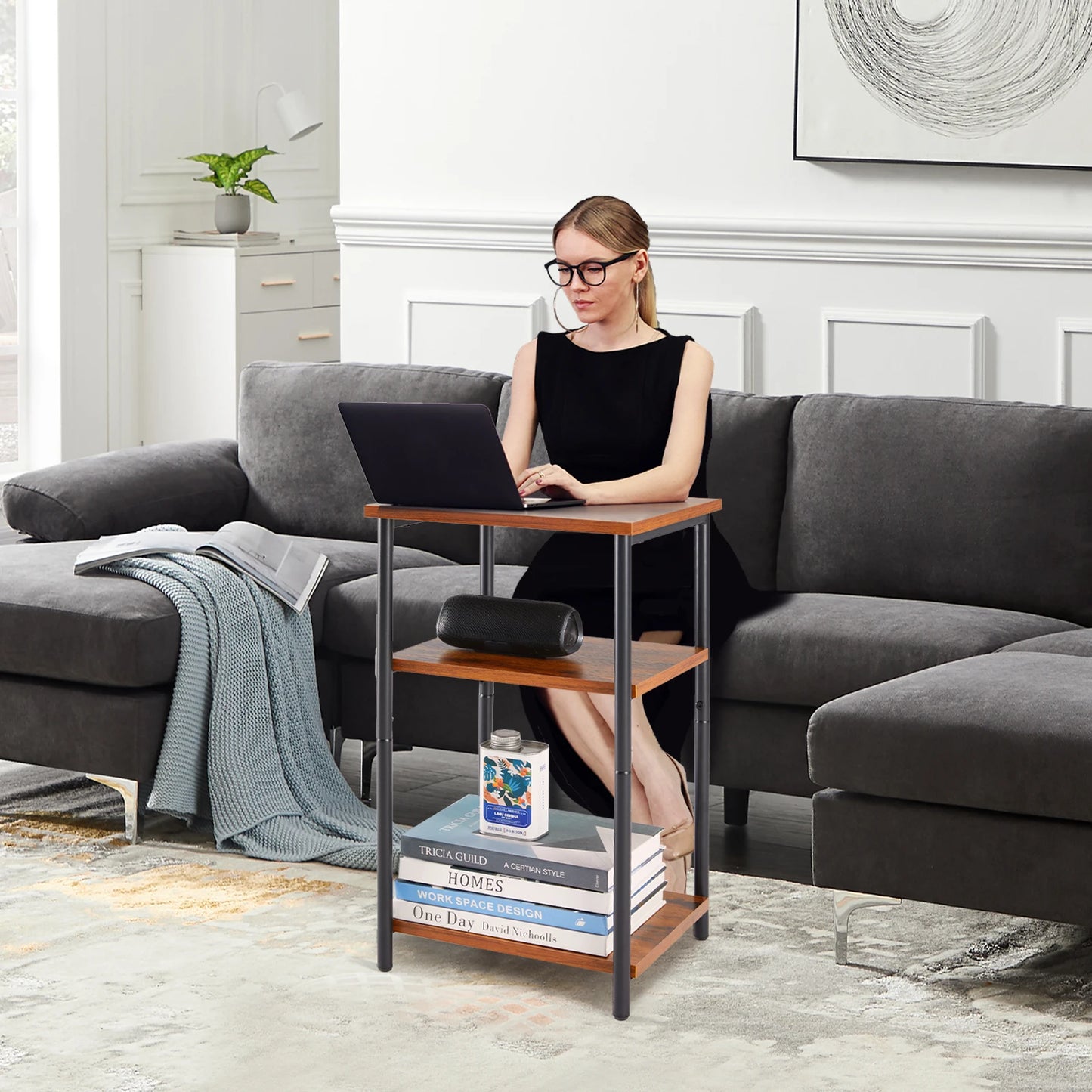 JHK 2-3-Tier End Table With Adjustable Feet Steel Frame