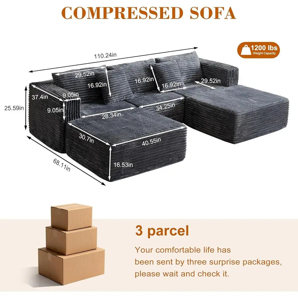 Corduroy Sectional Sofa With Two Ottomans Convertible Cloud Couch
