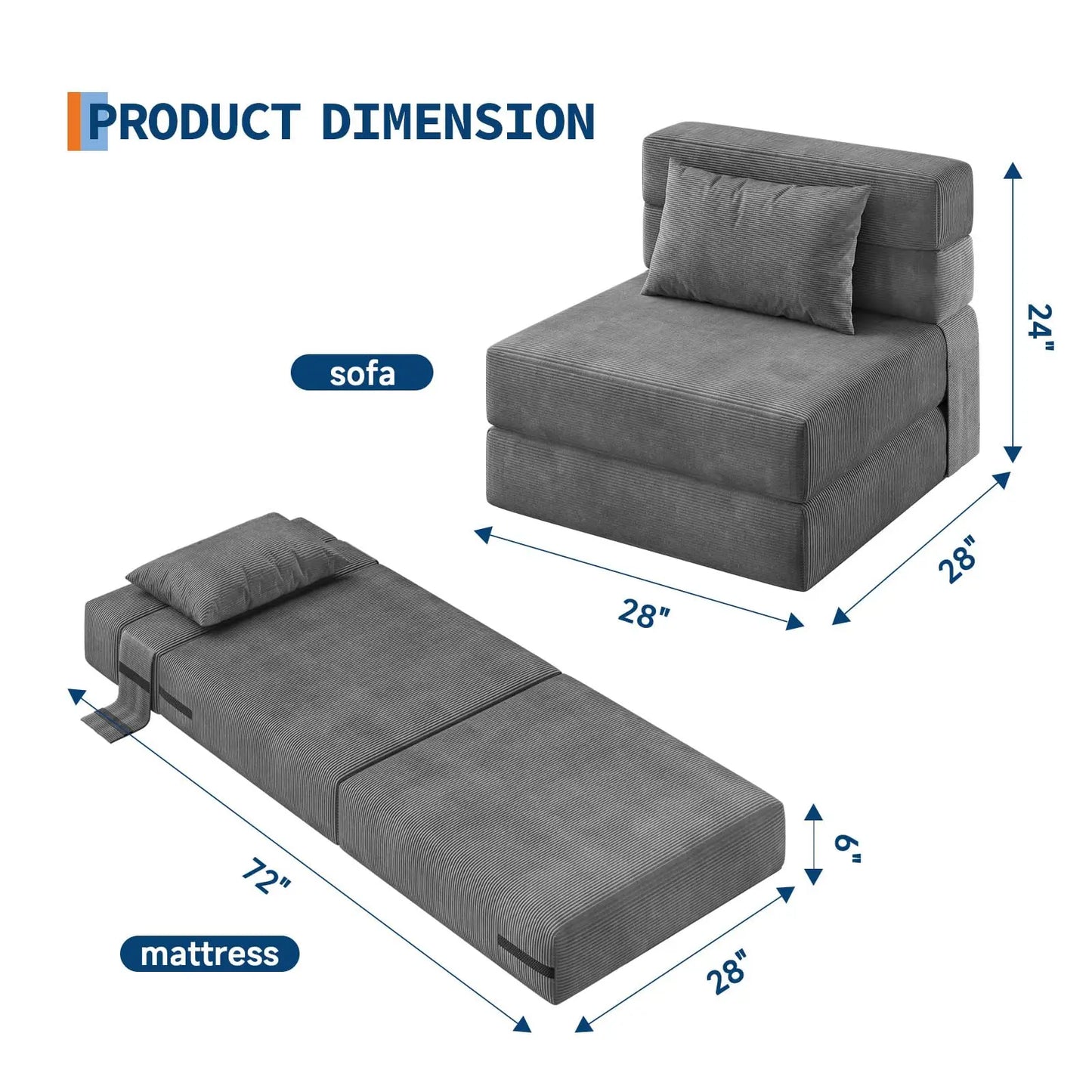 HobbyLane 4-in-1 Folding Sofa Bed Corduroy Couch With Pillow