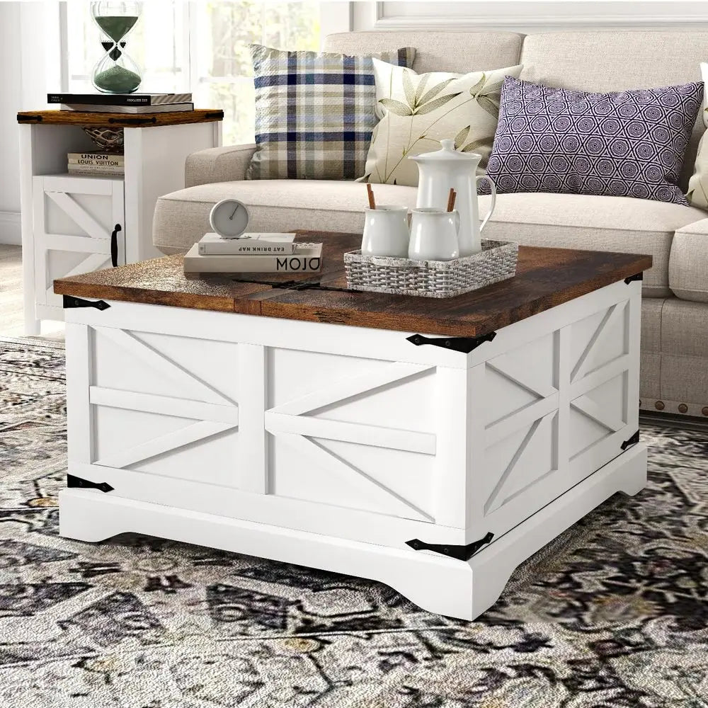 QWC Farmhouse 3 Piece Table Set With Storage Coffee Tables