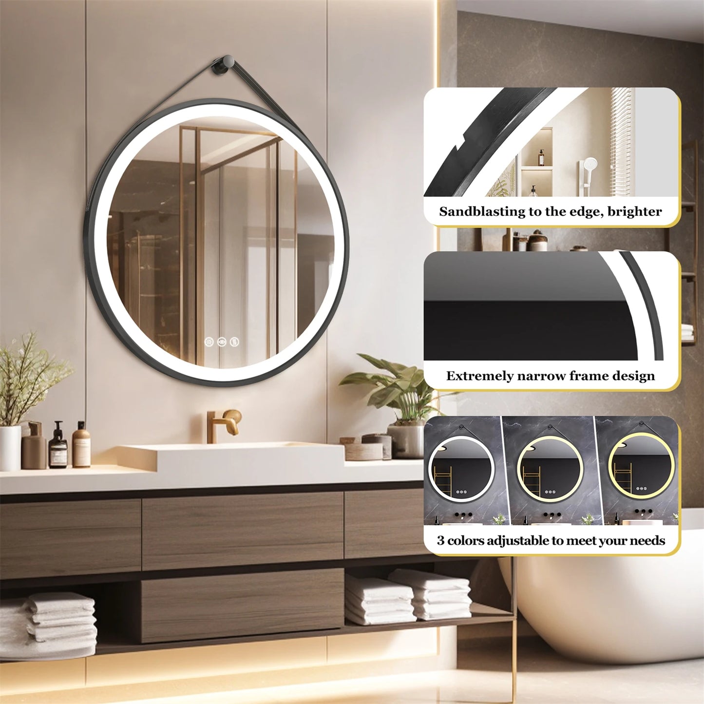 Round LED Bathroom Mirror Wall Hanging Frontlit Vanity Makeup Mirror Anti Fog
