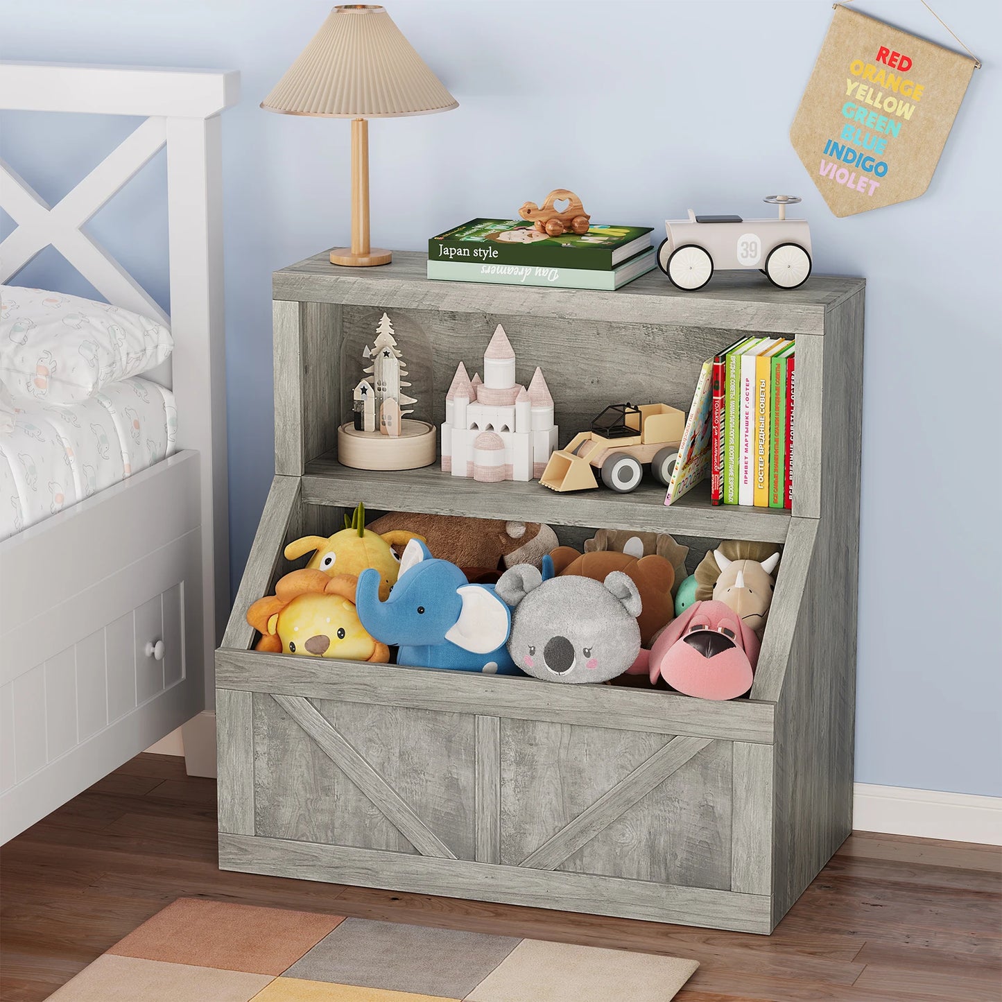 Wooden Kids Bookshelf and Toy Organizer With Cubby Storage