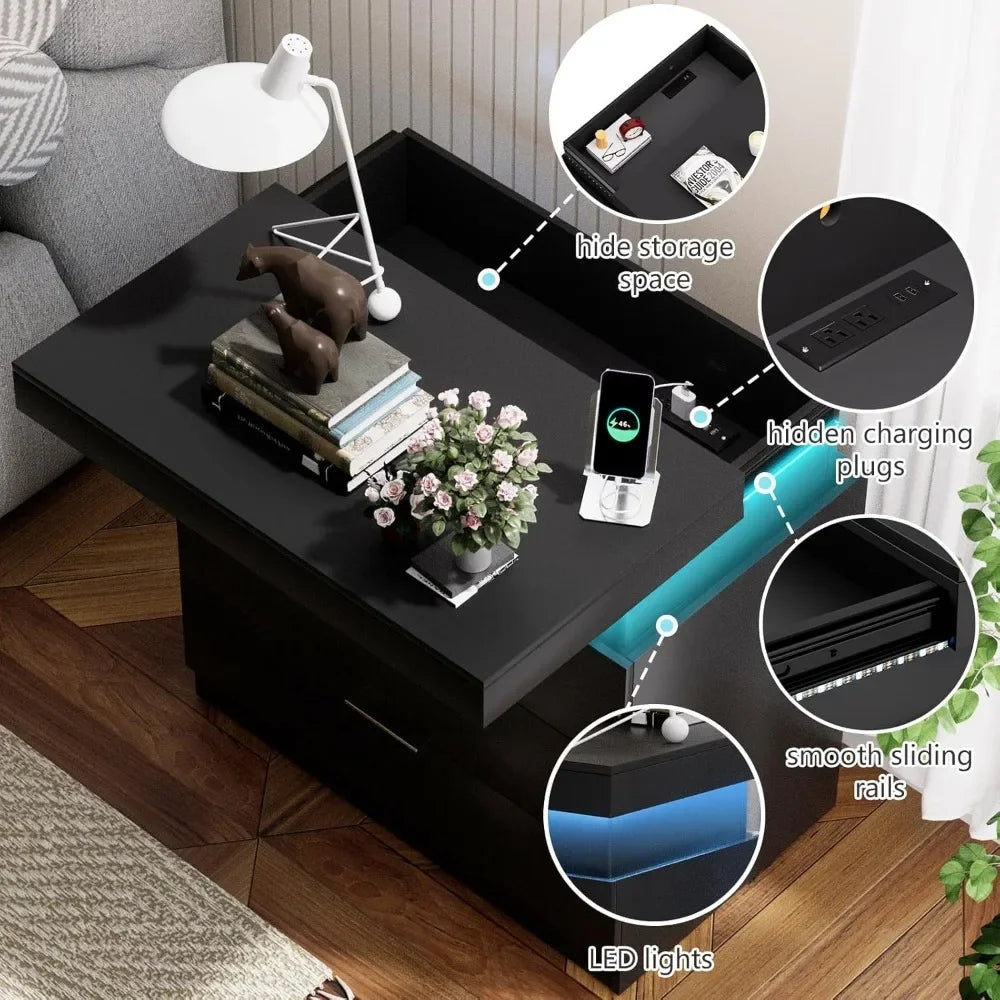 Nightstand With LED Lights And Charging Station Three Drawers