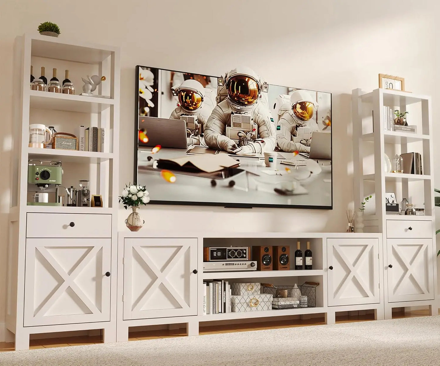 Entertainment Center Wall Unit TV Stand With Bookshelves Power Hub