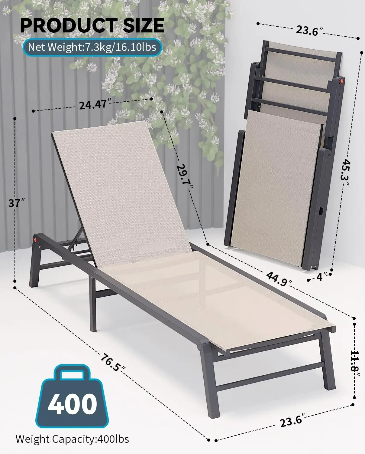 Aluminum Chaise Lounge Chair Outdoor Foldable Patio Lounger
